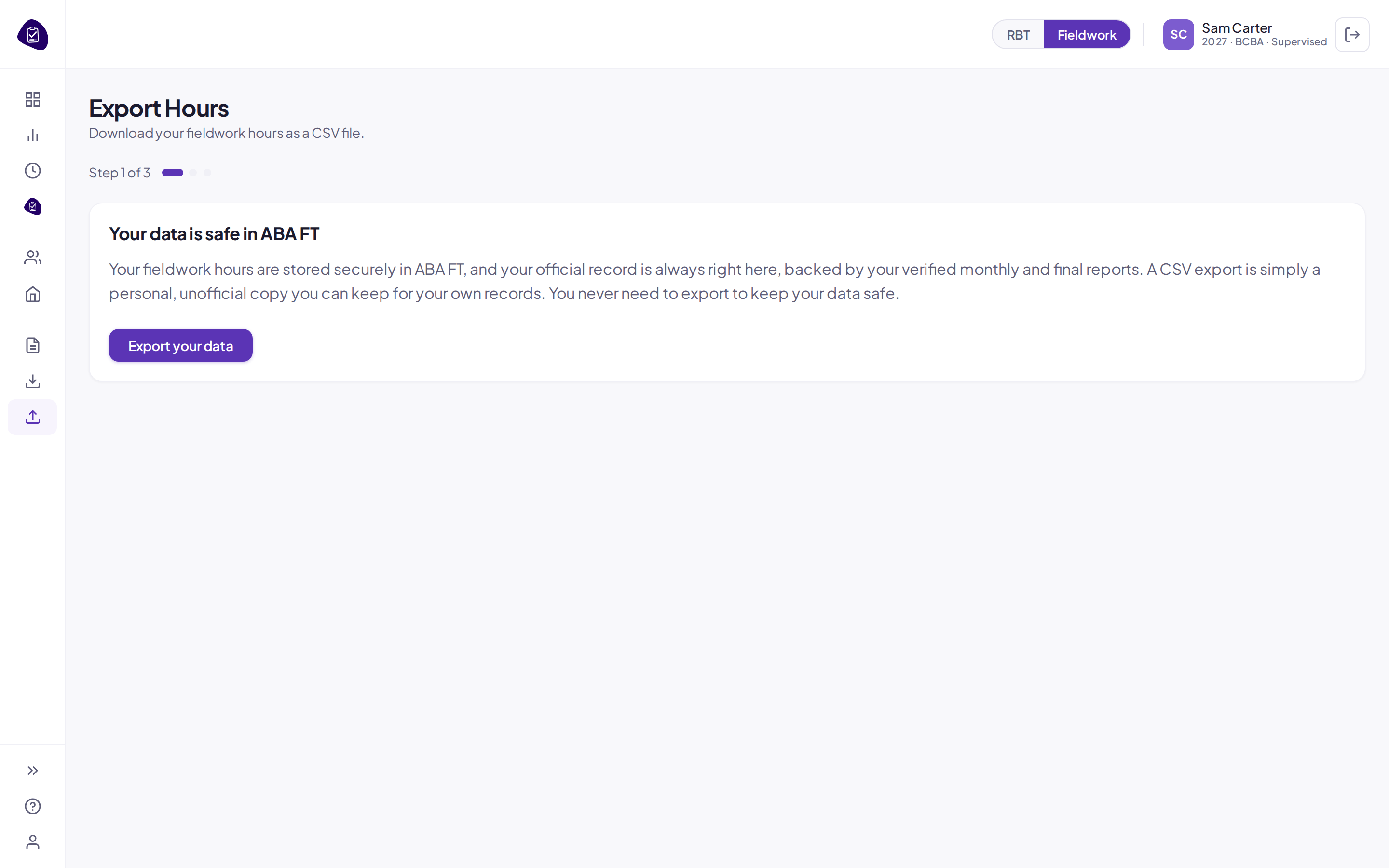 The Export Hours screen for downloading your logged sessions as a CSV.