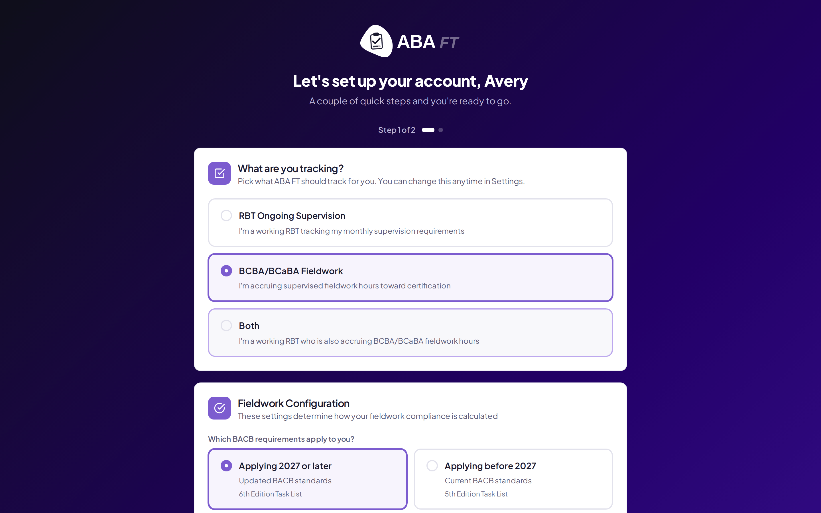 Onboarding step one: What are you tracking?, with RBT, fieldwork, and both options, over the Fieldwork Configuration card set to the 2027 standard.