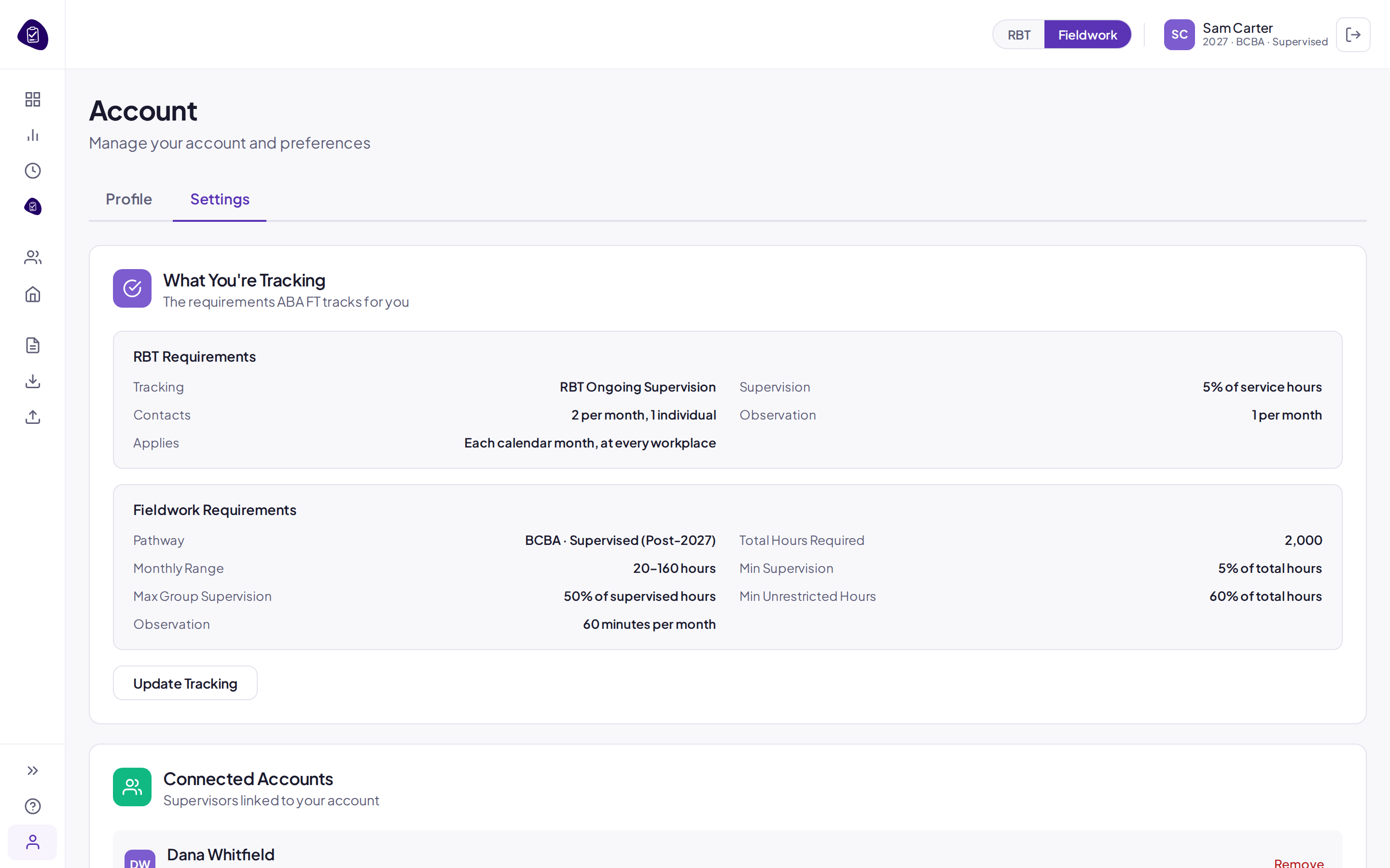 The Account page Settings tab: What You're Tracking listing the RBT and fieldwork requirements ABA FT checks, with Update Tracking and Connected Accounts.