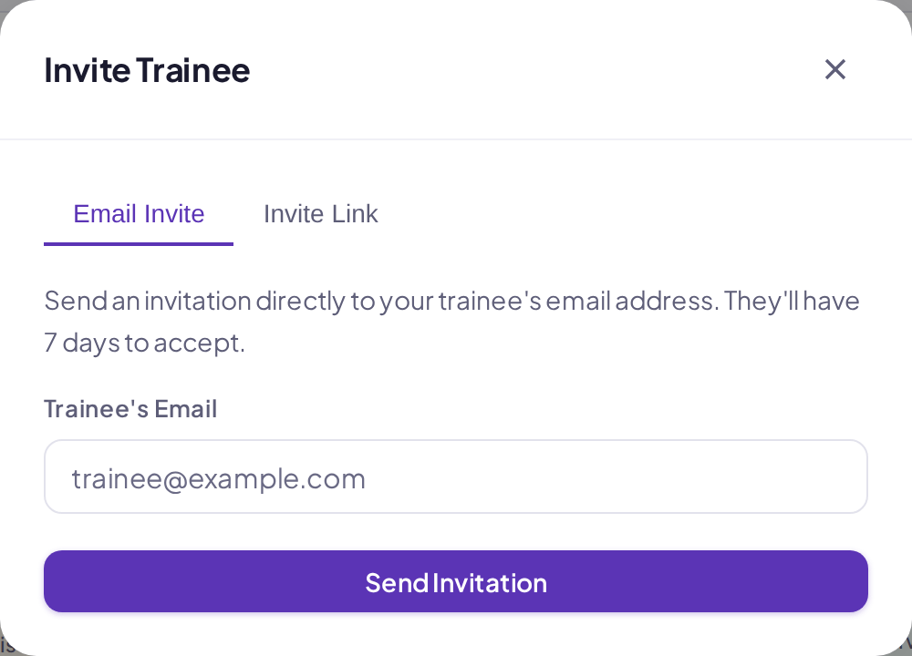The Invite Trainee dialog with Email Invite and Invite Link tabs, the trainee email field, and Send Invitation.