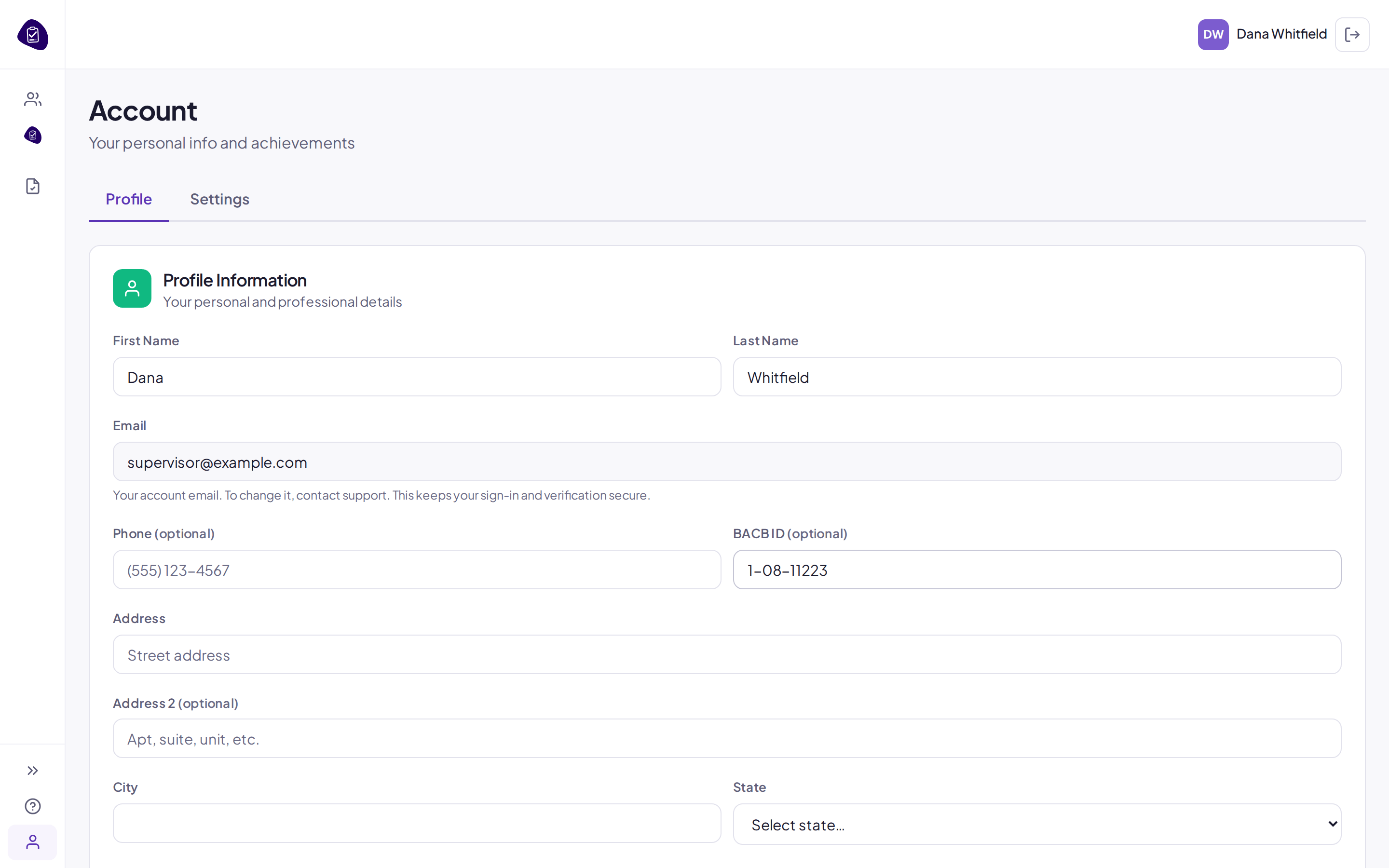 The supervisor Account page Profile tab, holding the name, credential, BACB ID, and contact details that print on every form they sign.