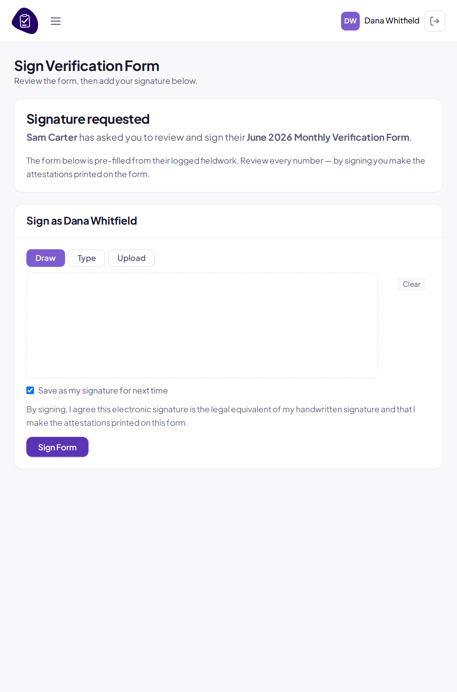 The supervisor signature card on a verification form: Draw, Type, and Upload tabs, the signing pad, and Sign Form.