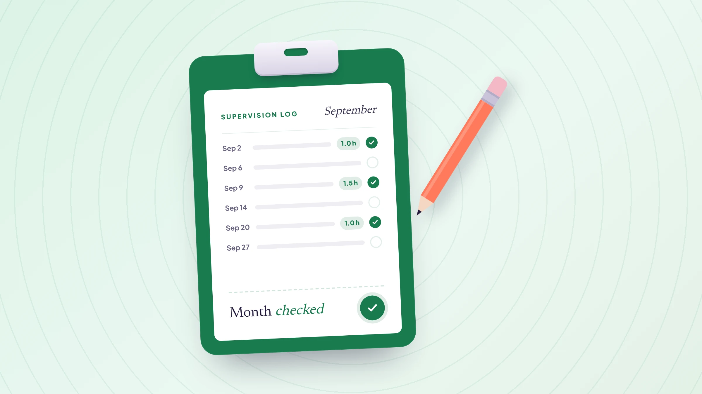 A month's RBT supervision log on a clipboard, each supervised day checked, with a pencil